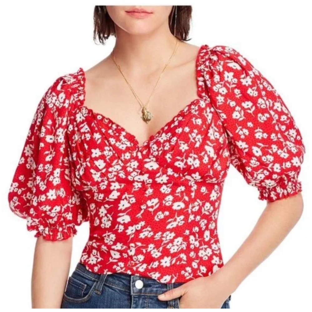 LINI Red Floral Smocked Top Size XS